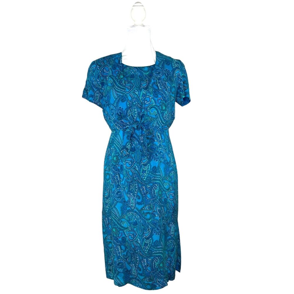 David Warren NY Size 8 Paisley Midi Dress Short Sleeve 2 Piece Tie Front USA